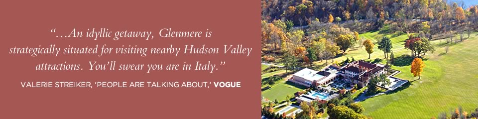 Birdseye view of Glenmere Mansion and surrounding grounds and Vogue quote montage